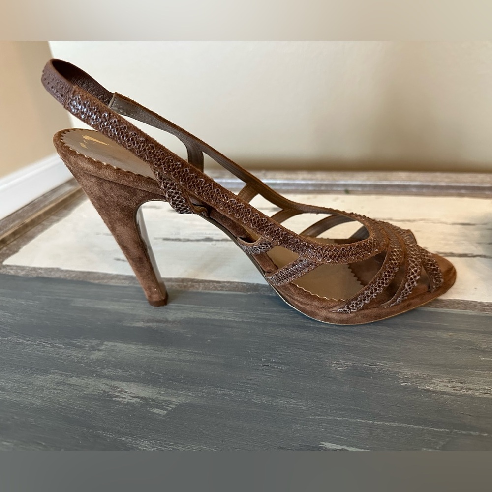 Salvatore Ferragamo Brown Leather Suede Stiletto Slingbacks - Size 8.5 - Picture 7 of 11